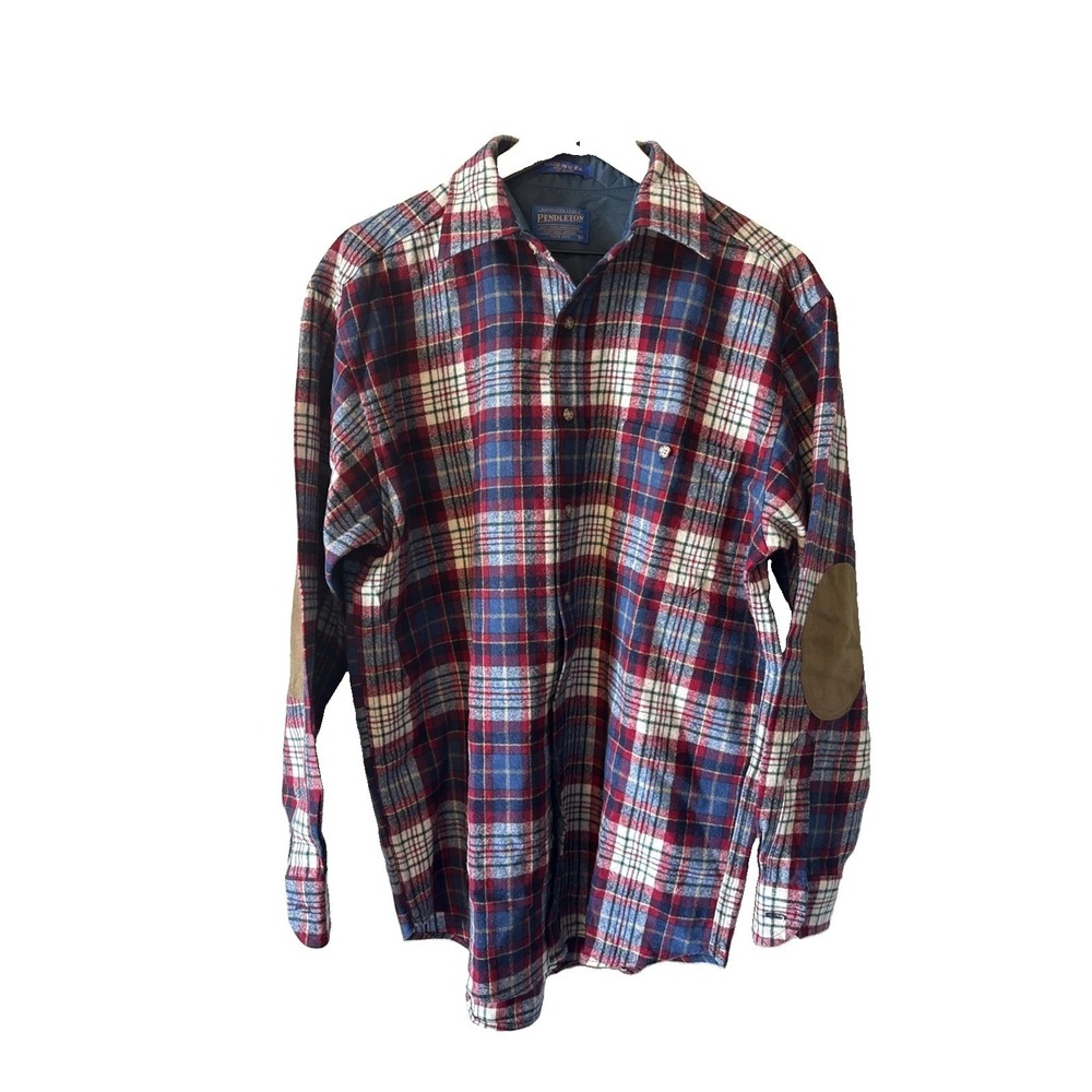 Pendleton Wool Plaid Button Down Shirt Mens Medium Red Elbow Patches Made in USA